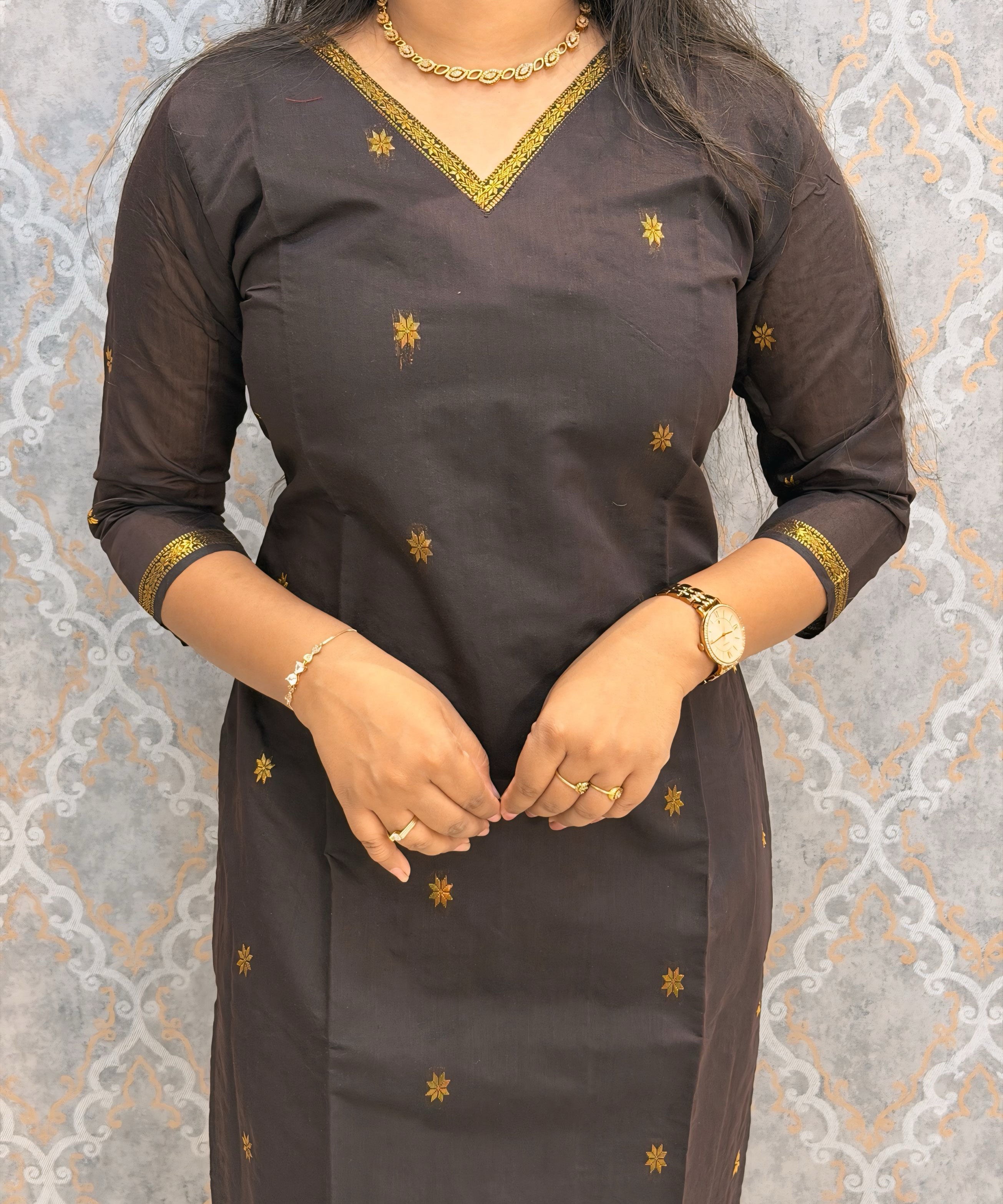 Brown and Orange Color Premium Handloom Cotton Kurti and Dupatta / ESS420