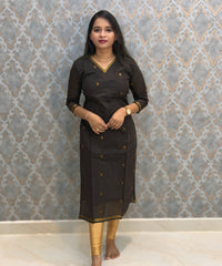 Brown and Orange Color Premium Handloom Cotton Kurti and Dupatta / ESS420
