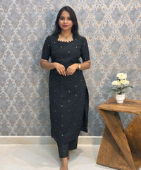 Black Color Premium Handloom Cotton and Gold Zari Weaved Salwar Set with Pocket / LSS206