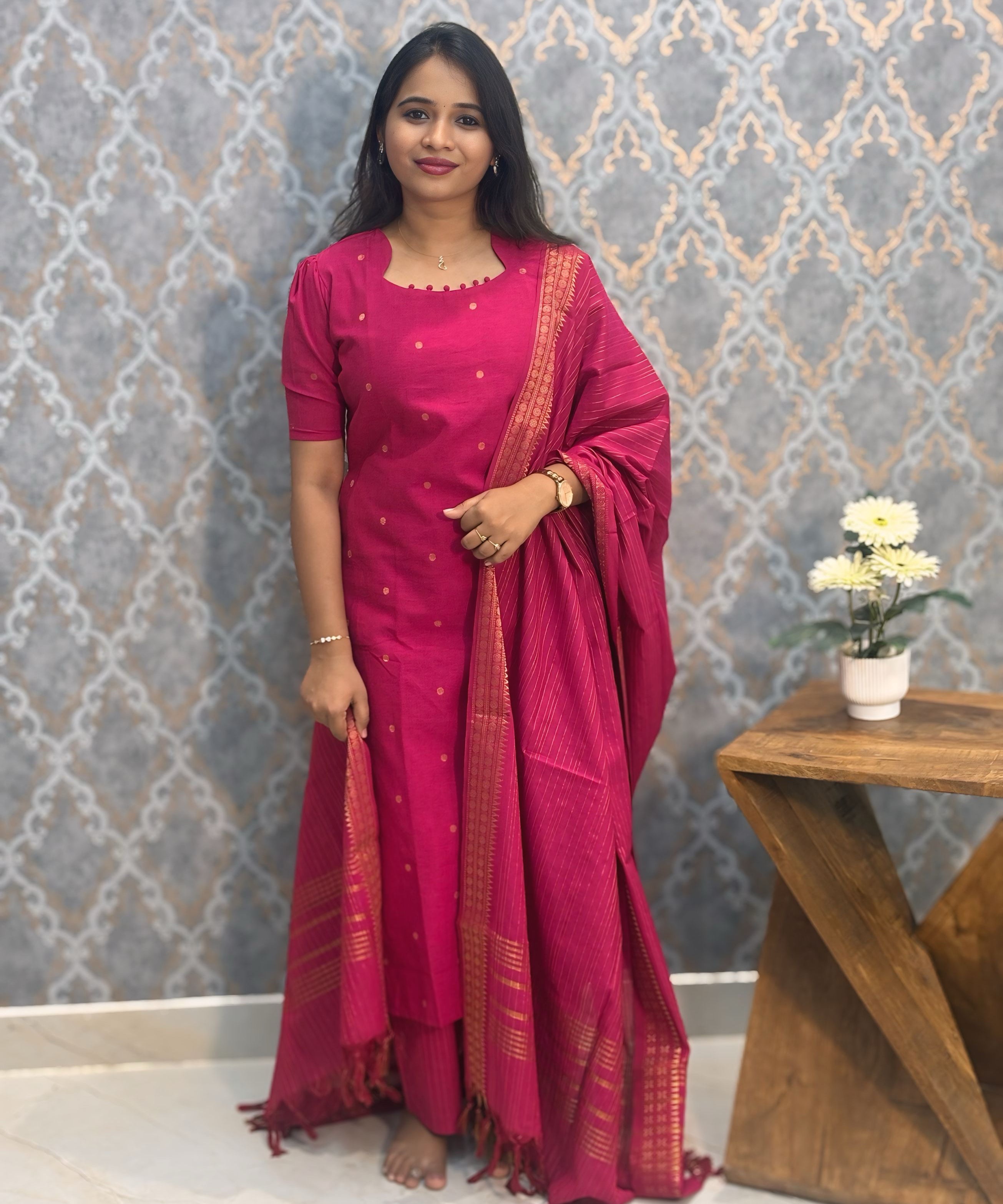 Pink Color Premium Handloom Cotton and Gold Zari Weaved Salwar Set with Pocket / LSS206