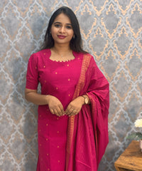 Pink Color Premium Handloom Cotton and Gold Zari Weaved Salwar Set with Pocket / LSS206