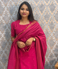 Pink Color Premium Handloom Cotton and Gold Zari Weaved Salwar Set with Pocket / LSS206