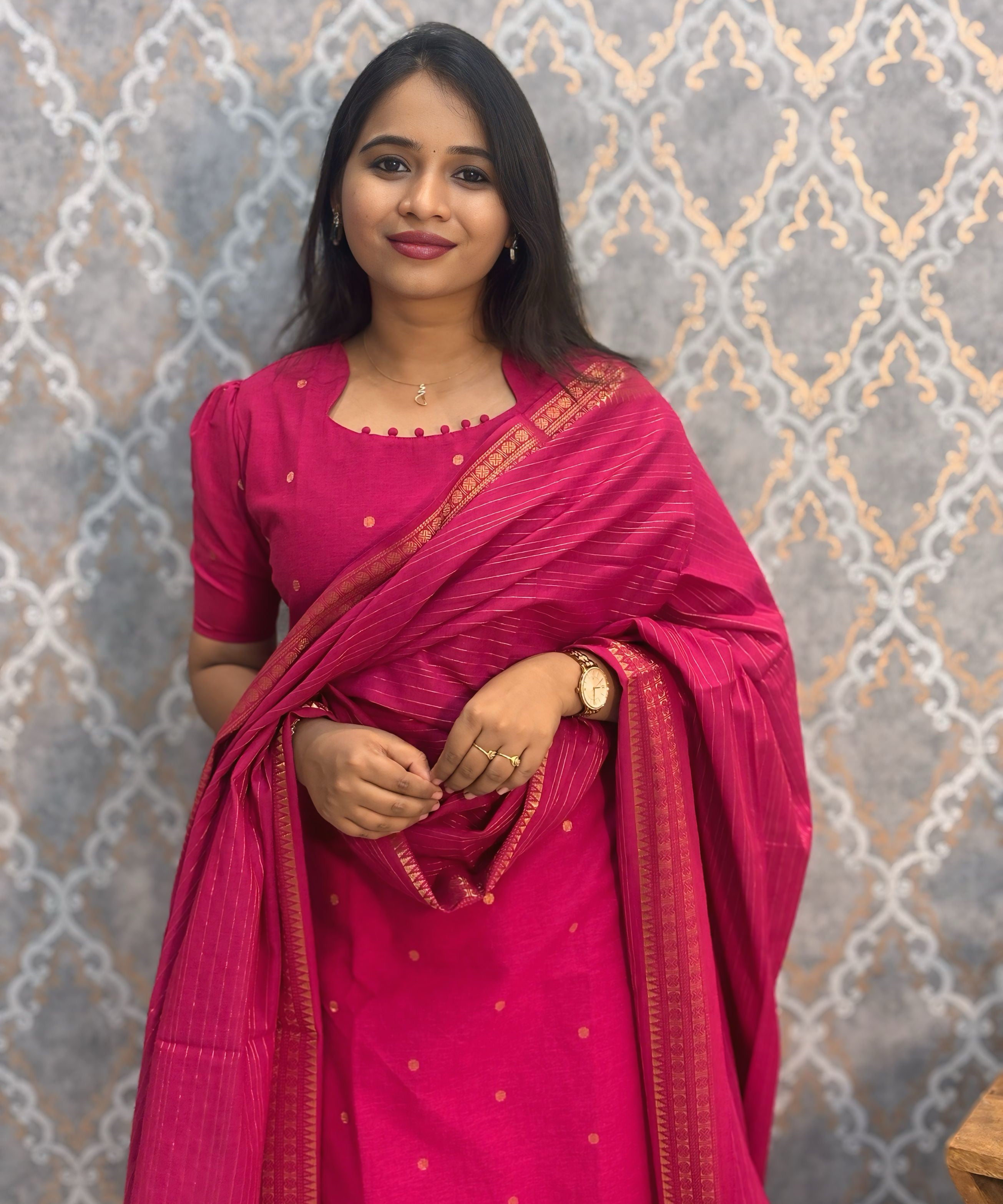 Pink Color Premium Handloom Cotton and Gold Zari Weaved Salwar Set with Pocket / LSS206