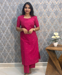 Pink Color Premium Handloom Cotton and Gold Zari Weaved Salwar Set with Pocket / LSS206