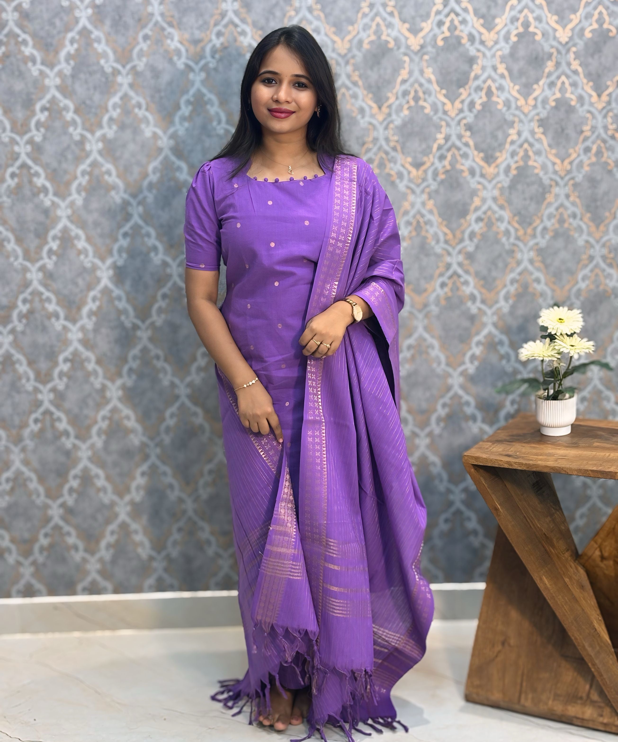 Violet Color Premium Handloom Cotton and Gold Zari Weaved Salwar Set with Pocket / LSS206