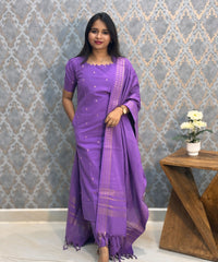 Violet Color Premium Handloom Cotton and Gold Zari Weaved Salwar Set with Pocket / LSS206