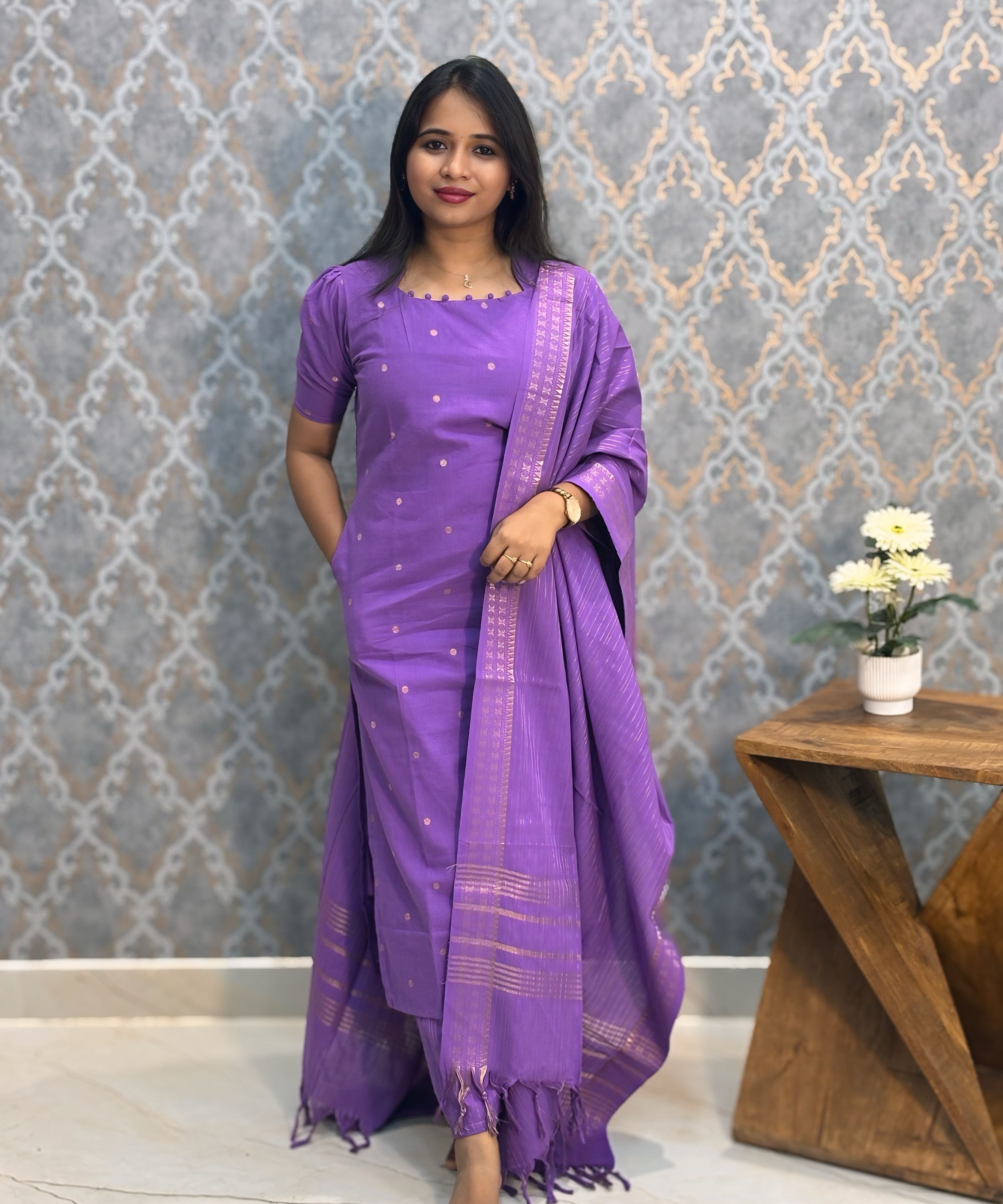 Violet Color Premium Handloom Cotton and Gold Zari Weaved Salwar Set with Pocket / LSS206