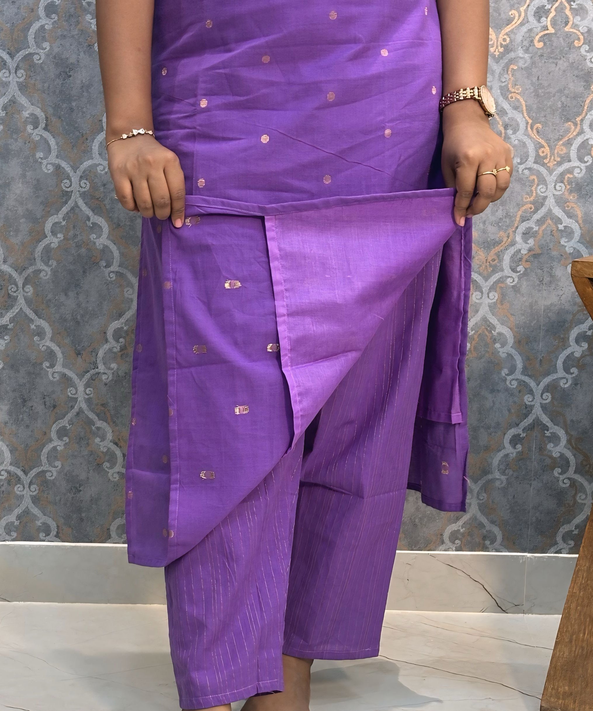 Violet Color Premium Handloom Cotton and Gold Zari Weaved Salwar Set with Pocket / LSS206