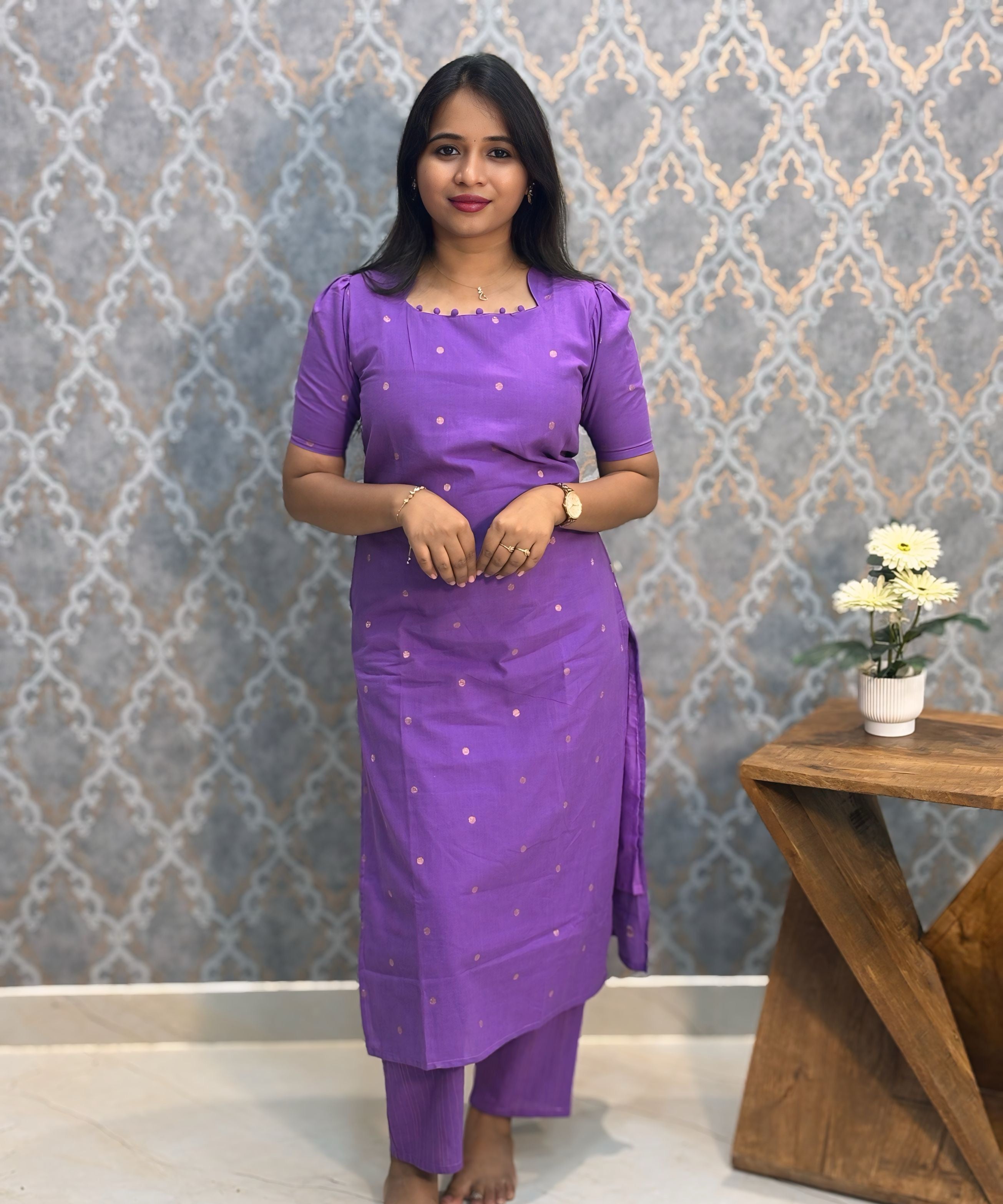 Violet Color Premium Handloom Cotton and Gold Zari Weaved Salwar Set with Pocket / LSS206