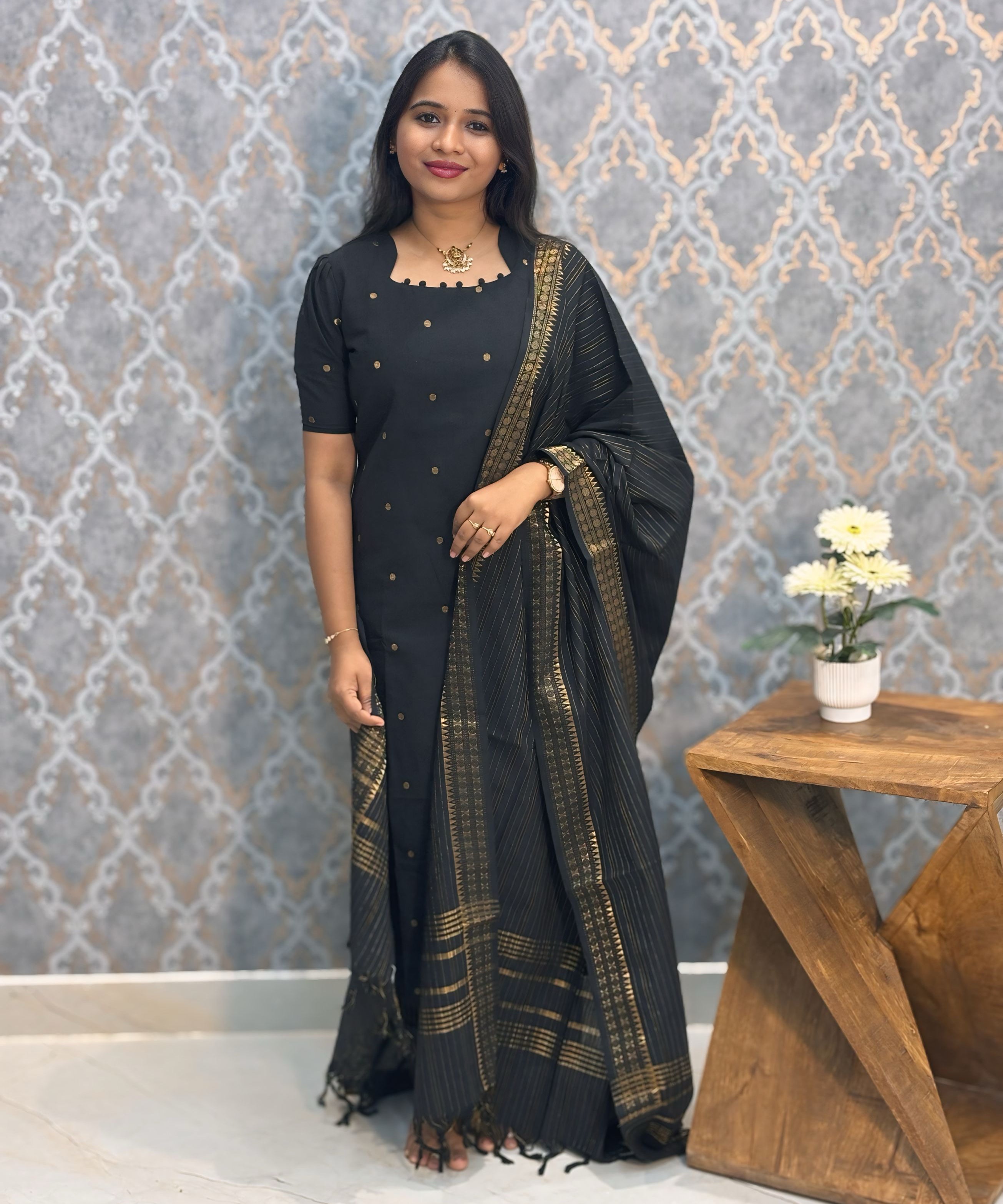 Black Color Premium Handloom Cotton and Gold Zari Weaved Salwar Set with Pocket / LSS206