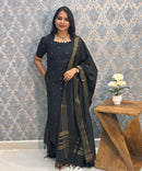Black Color Premium Handloom Cotton and Gold Zari Weaved Salwar Set with Pocket / LSS206