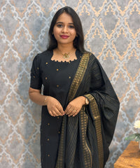 Black Color Premium Handloom Cotton and Gold Zari Weaved Salwar Set with Pocket / LSS206