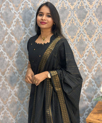 Black Color Premium Handloom Cotton and Gold Zari Weaved Salwar Set with Pocket / LSS206
