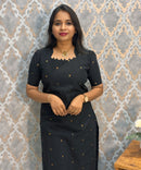 Black Color Premium Handloom Cotton and Gold Zari Weaved Salwar Set with Pocket / LSS206