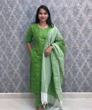 Green Color Premium Handloom Dobby Cotton 3 Piece Salwar Set with Pocket / LSS229