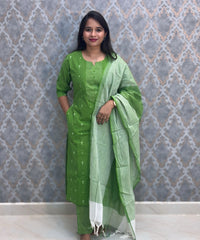 Green Color Premium Handloom Dobby Cotton 3 Piece Salwar Set with Pocket / LSS229