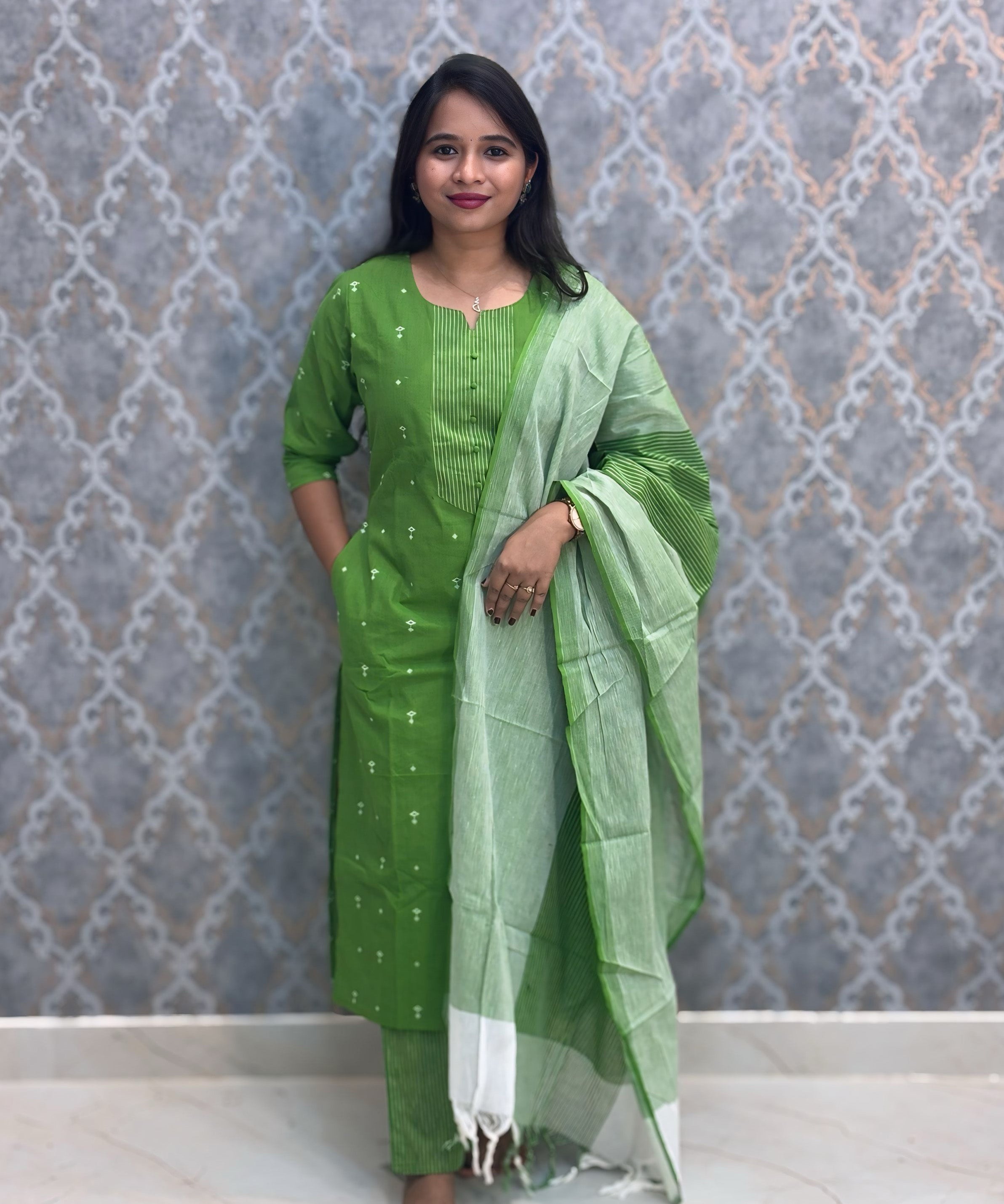 Green Color Premium Handloom Dobby Cotton 3 Piece Salwar Set with Pocket / LSS229