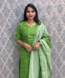 Green Color Premium Handloom Dobby Cotton 3 Piece Salwar Set with Pocket / LSS229