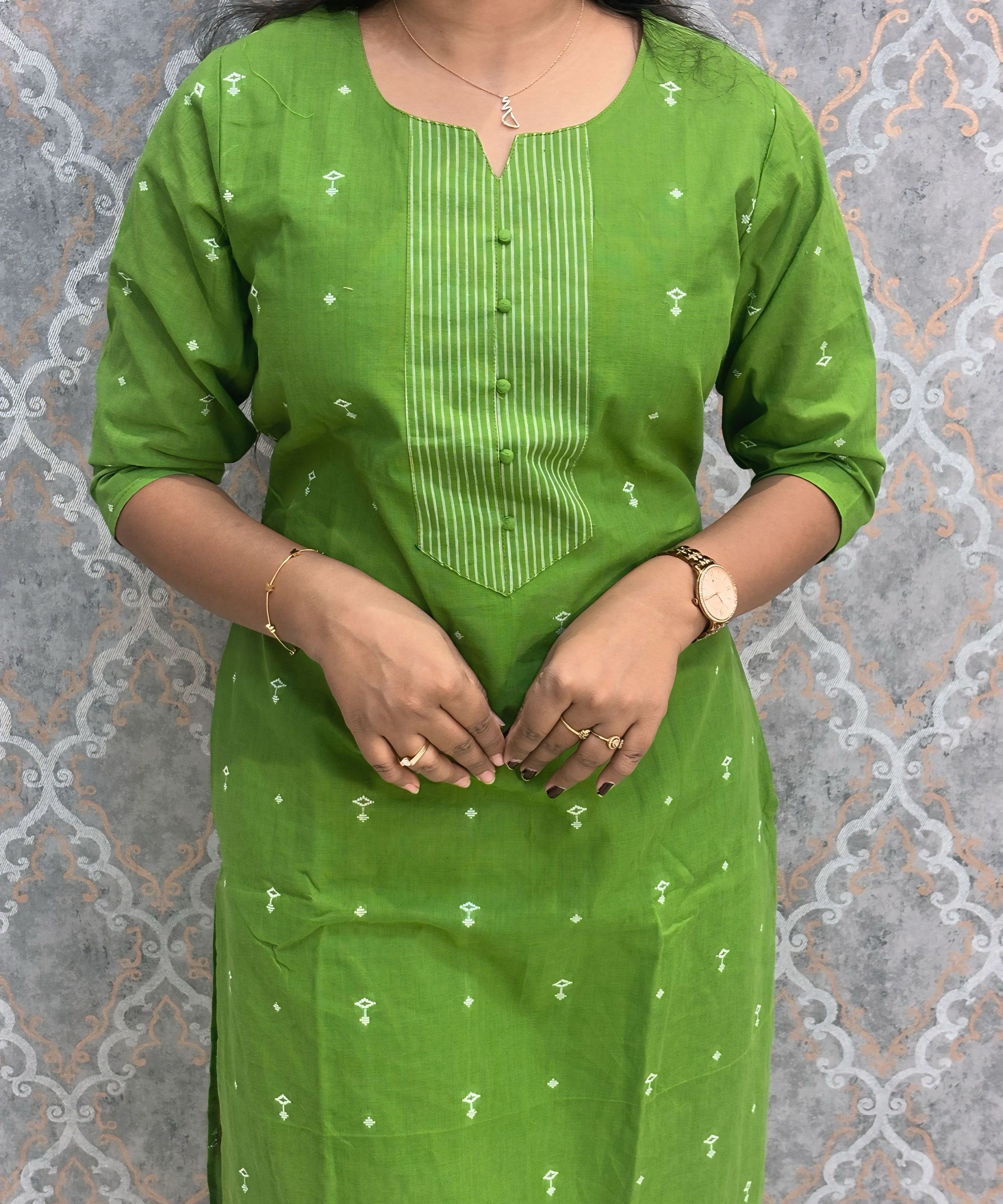 Green Color Premium Handloom Dobby Cotton 3 Piece Salwar Set with Pocket / LSS229