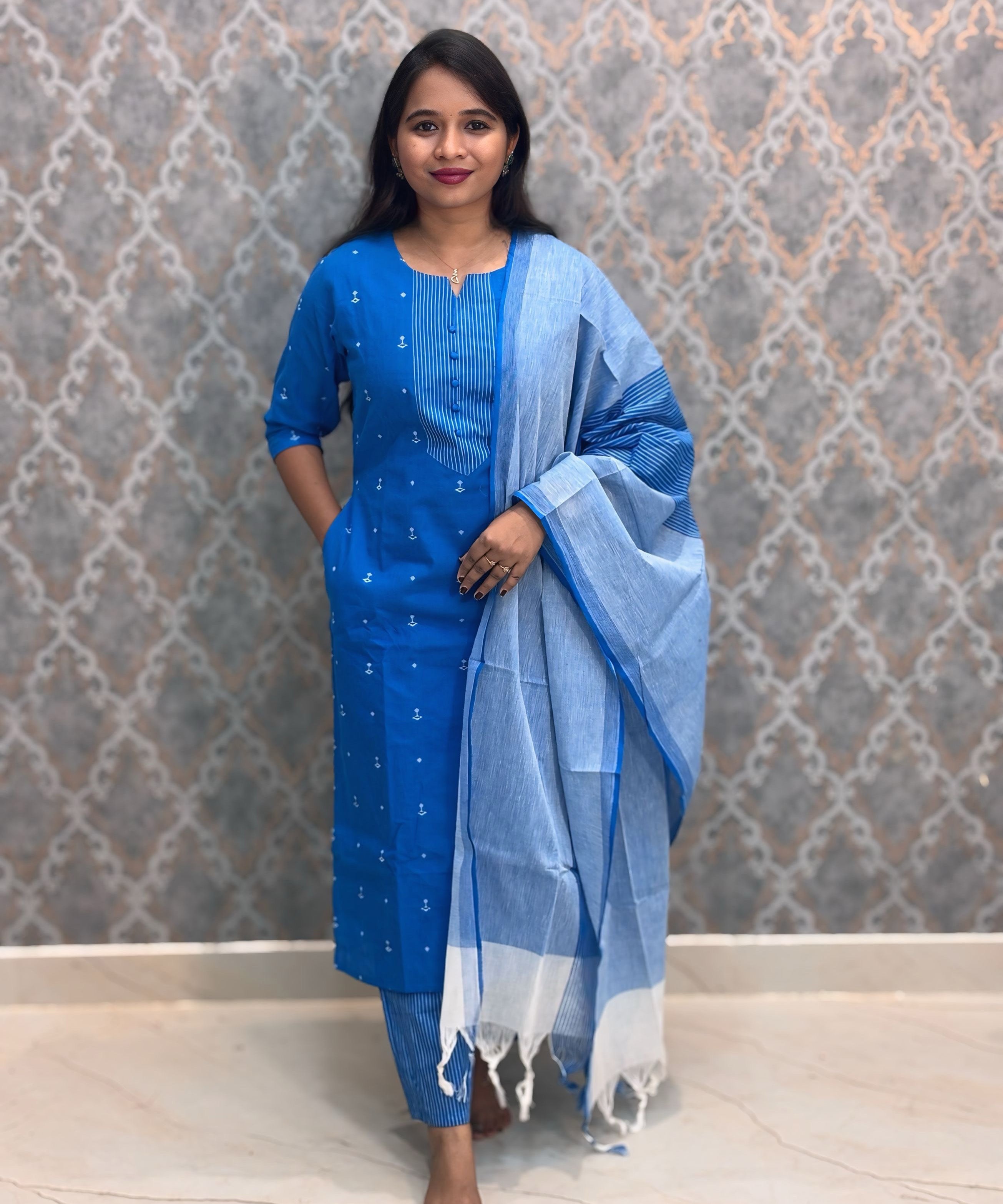 Blue Color Premium Handloom Dobby Cotton 3 Piece Salwar Set with Pocket / LSS229