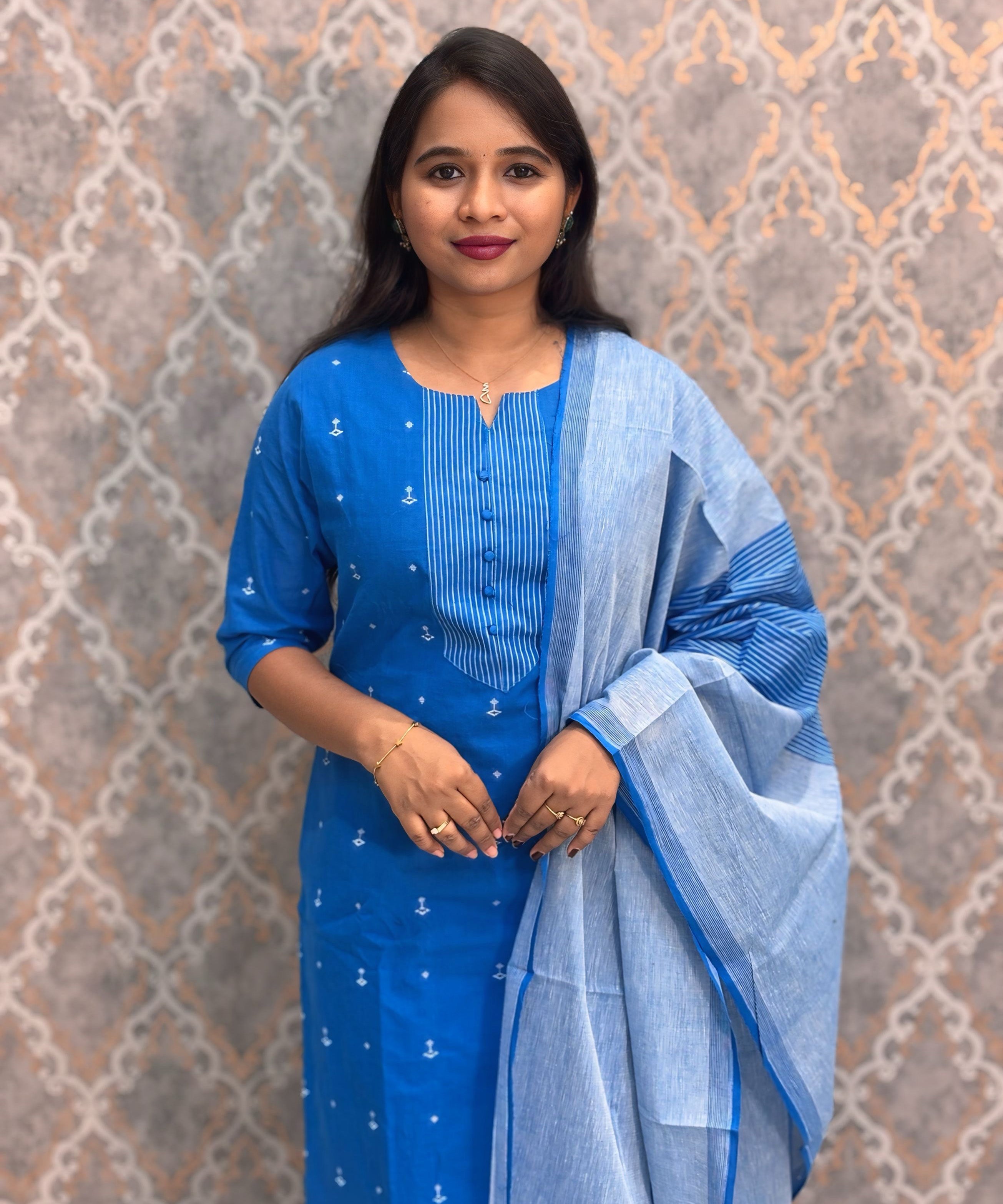 Blue Color Premium Handloom Dobby Cotton 3 Piece Salwar Set with Pocket / LSS229