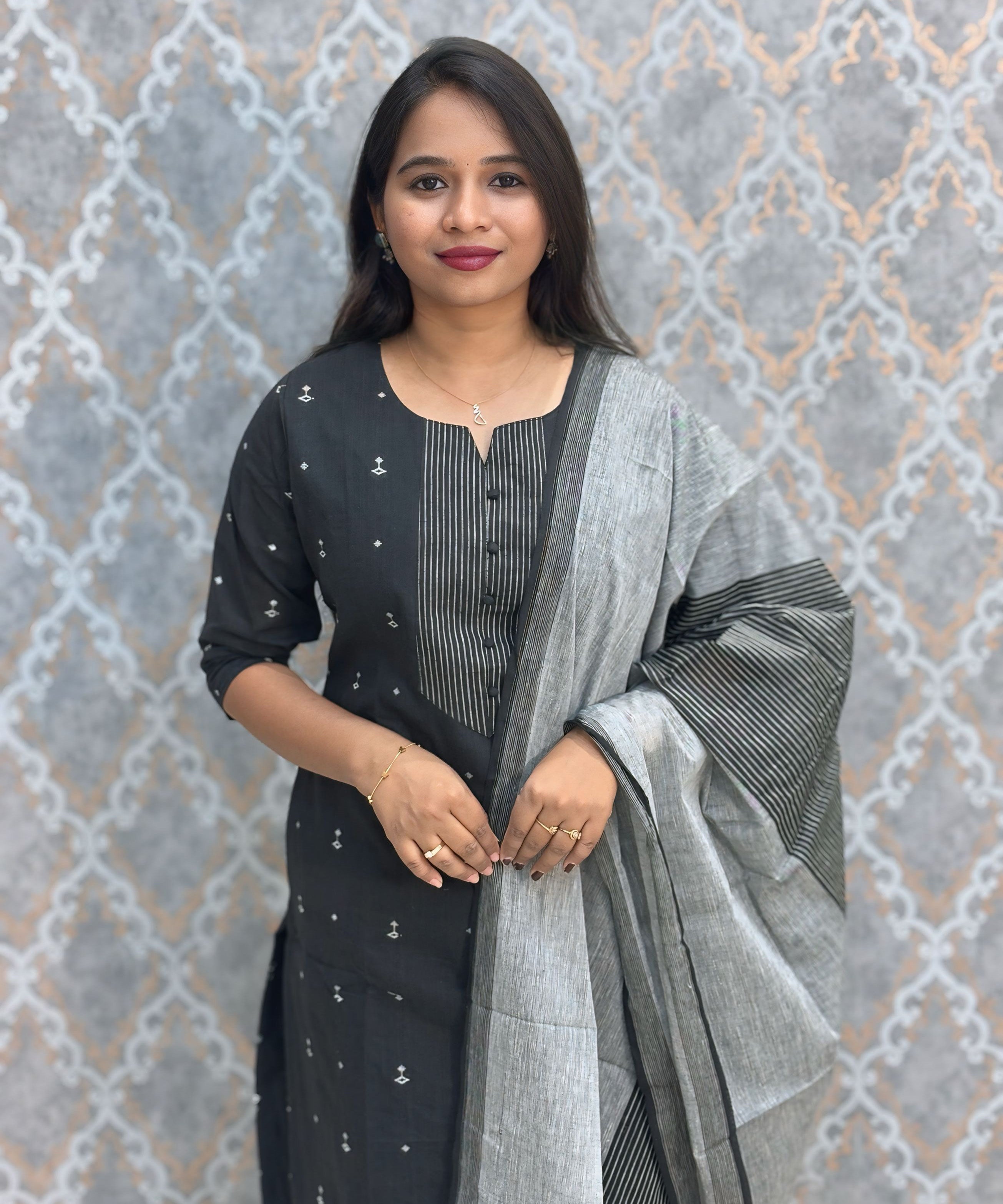 Black Color Premium Handloom Dobby Cotton 3 Piece Salwar Set with Pocket / LSS229