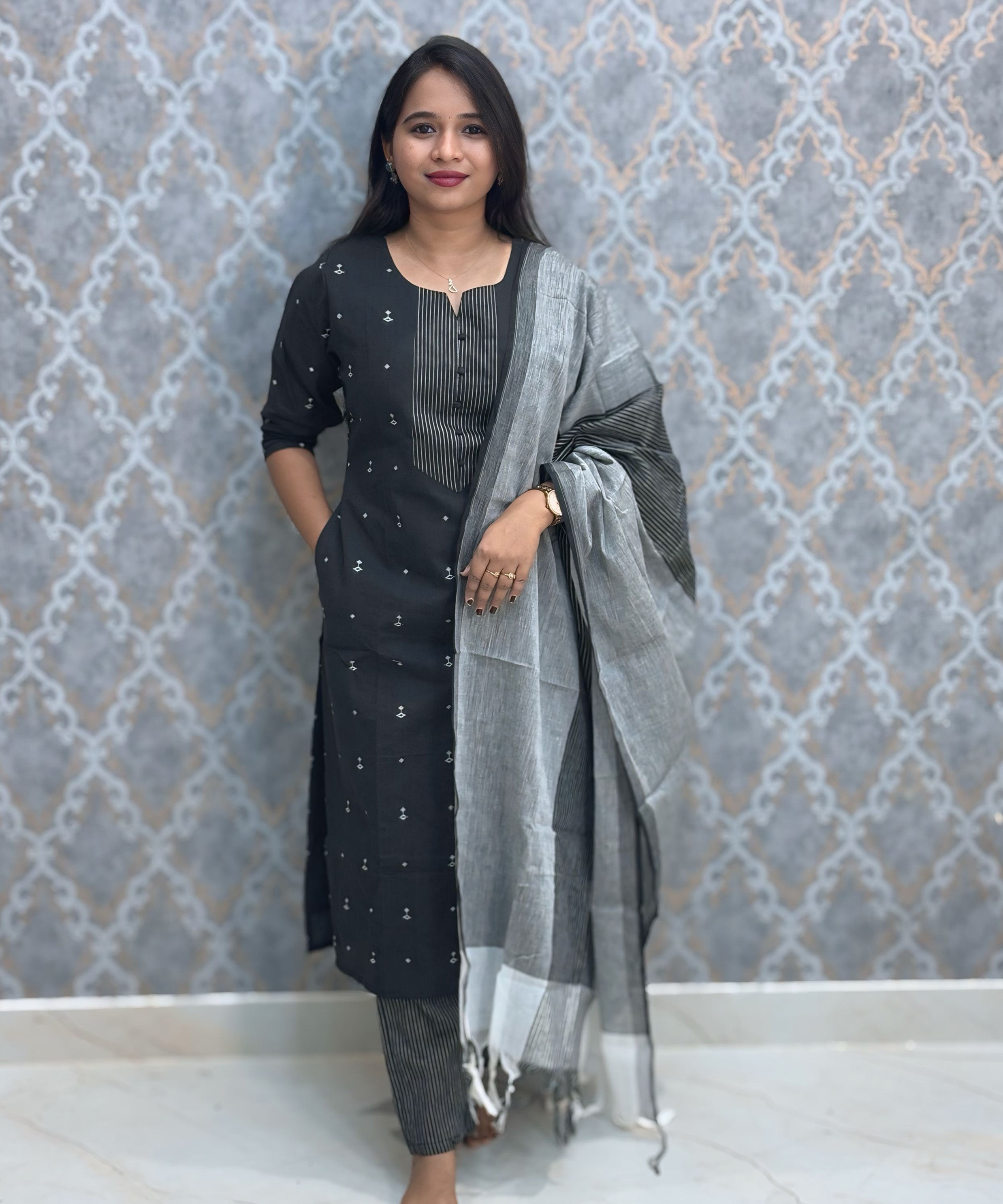 Black Color Premium Handloom Dobby Cotton 3 Piece Salwar Set with Pocket / LSS229