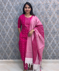 Pink Color Premium Handloom Dobby Cotton 3 Piece Salwar Set with Pocket / LSS229