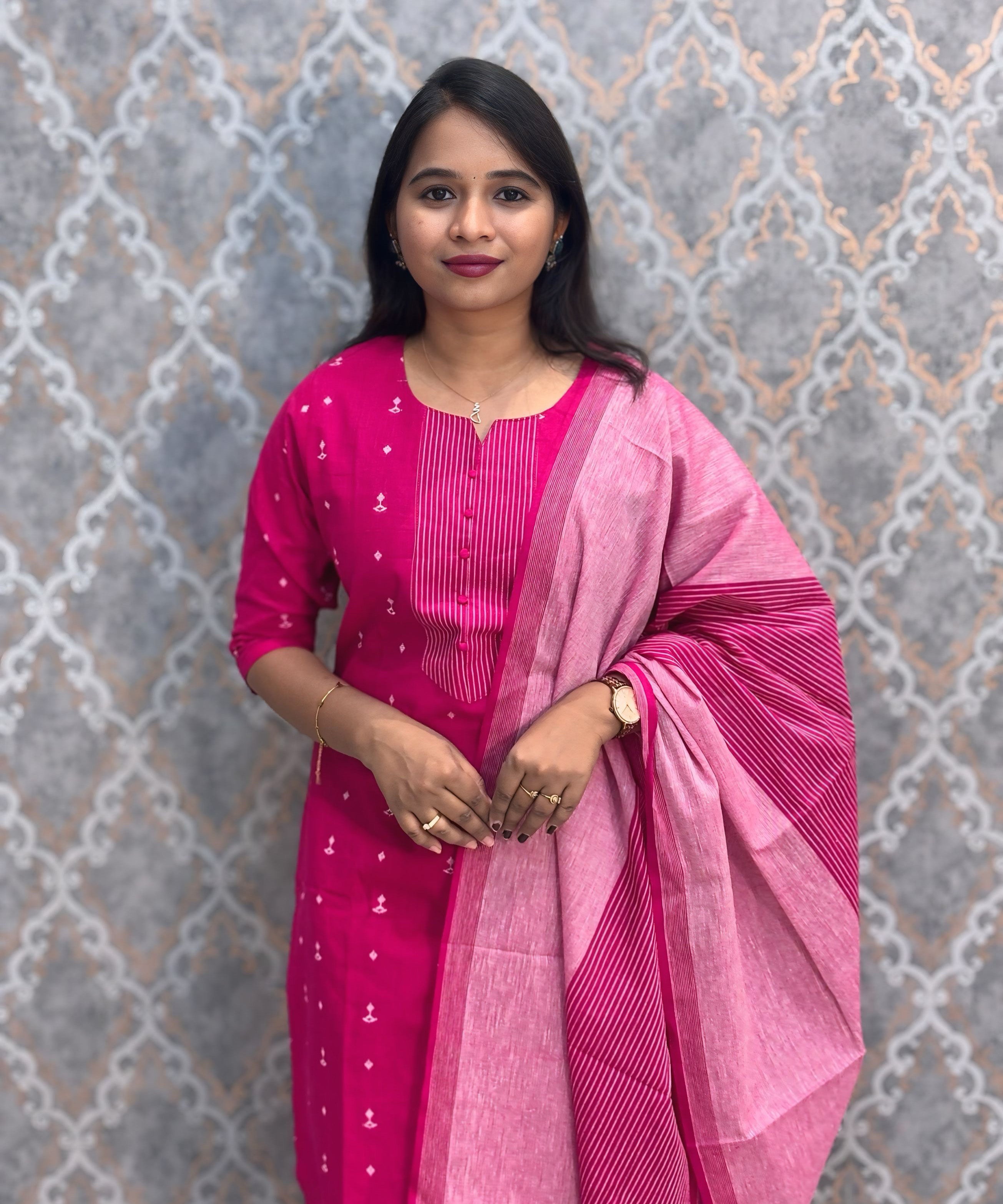 Pink Color Premium Handloom Dobby Cotton 3 Piece Salwar Set with Pocket / LSS229