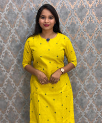 Lemon Yellow and Blue Color Premium Handloom Dobby Cotton 3 Piece Salwar Set with Pocket / LSS230