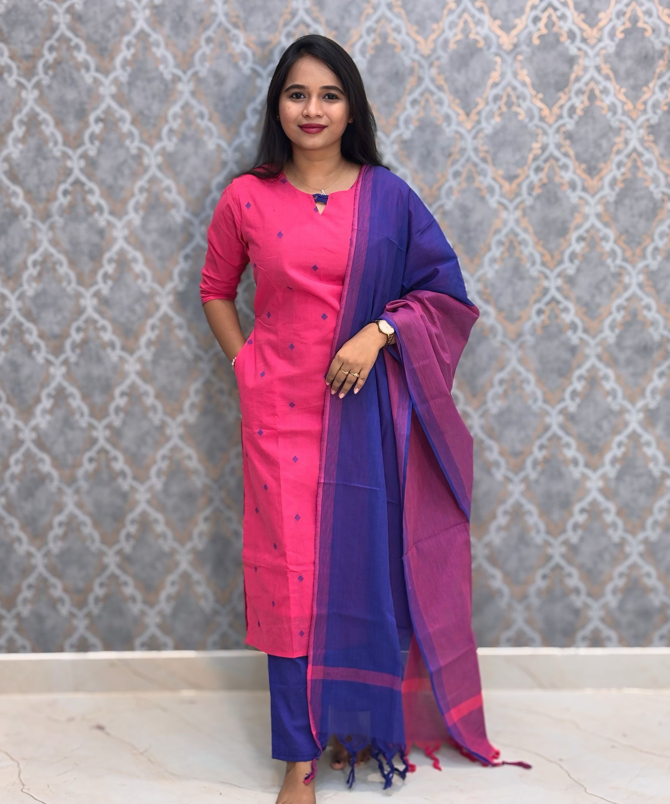Magenta Pink and Royal Blue Color Premium Handloom Dobby Cotton 3 Piece Salwar Set with Pocket / LSS230
