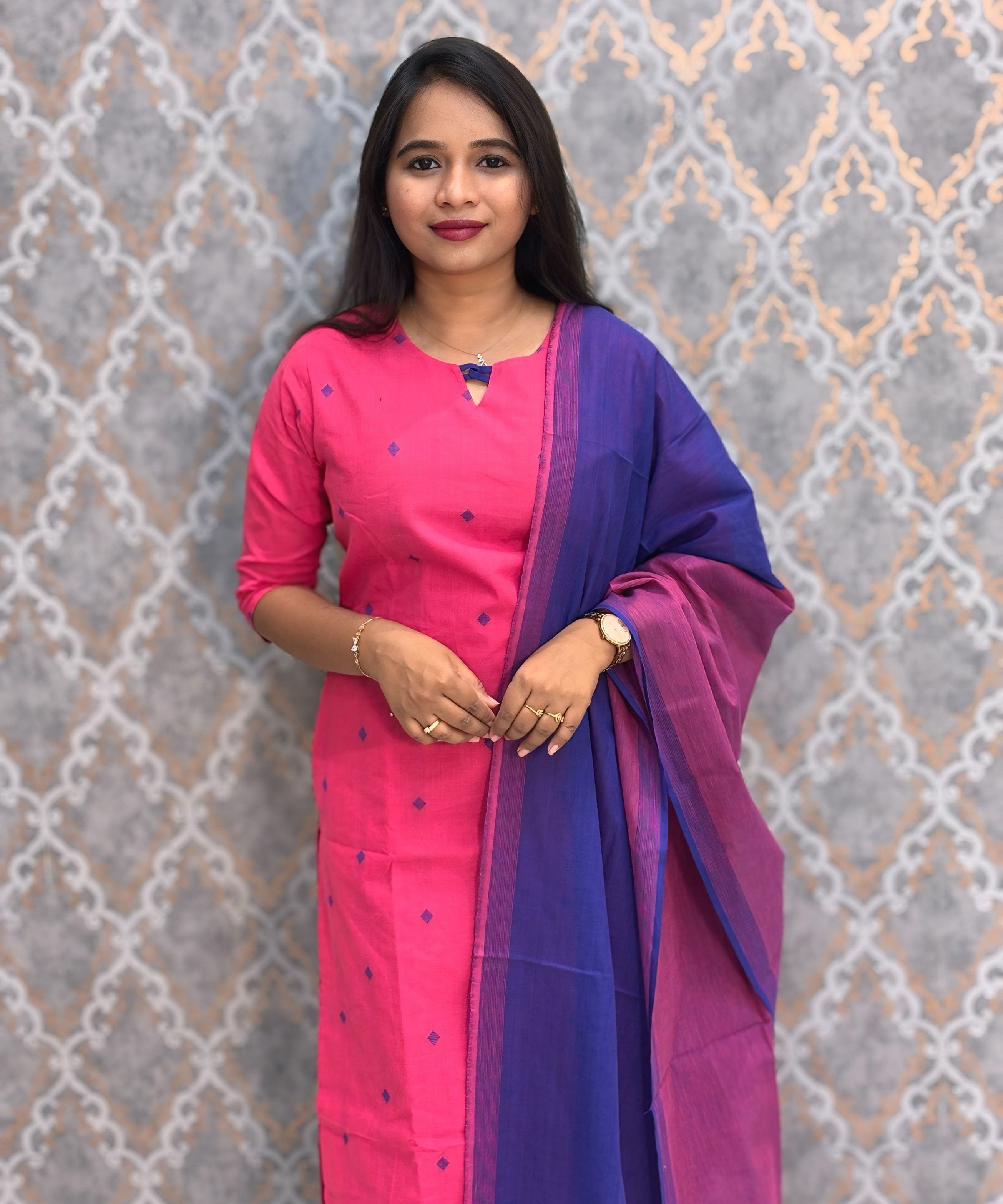Magenta Pink and Royal Blue Color Premium Handloom Dobby Cotton 3 Piece Salwar Set with Pocket / LSS230