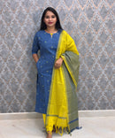Blue and Lemon Yellow Color Premium Handloom Dobby Cotton 3 Piece Salwar Set with Pocket / LSS230