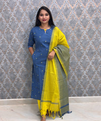 Blue and Lemon Yellow Color Premium Handloom Dobby Cotton 3 Piece Salwar Set with Pocket / LSS230