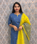 Blue and Lemon Yellow Color Premium Handloom Dobby Cotton 3 Piece Salwar Set with Pocket / LSS230
