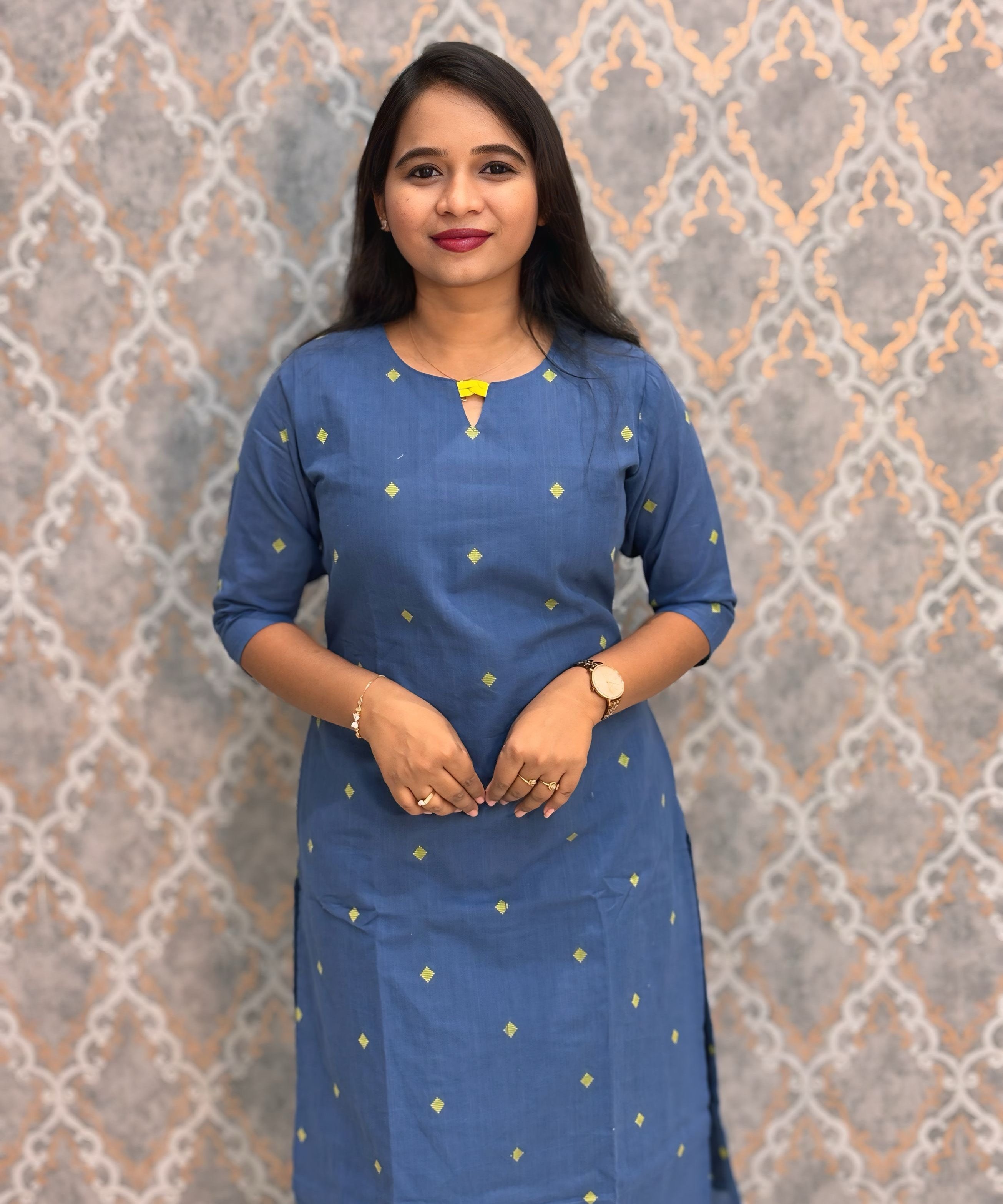 Blue and Lemon Yellow Color Premium Handloom Dobby Cotton 3 Piece Salwar Set with Pocket / LSS230