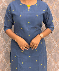 Blue and Lemon Yellow Color Premium Handloom Dobby Cotton 3 Piece Salwar Set with Pocket / LSS230