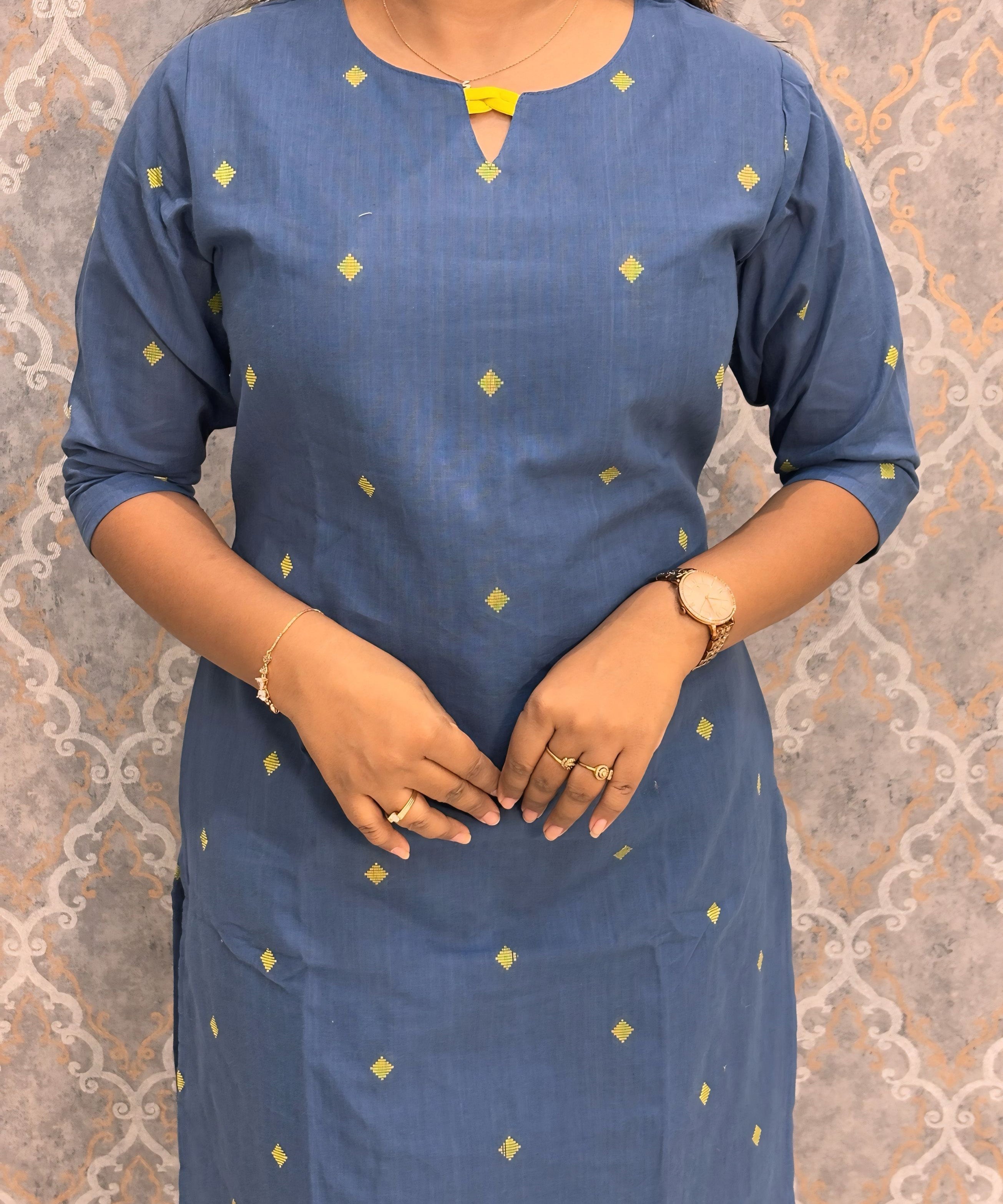 Blue and Lemon Yellow Color Premium Handloom Dobby Cotton 3 Piece Salwar Set with Pocket / LSS230