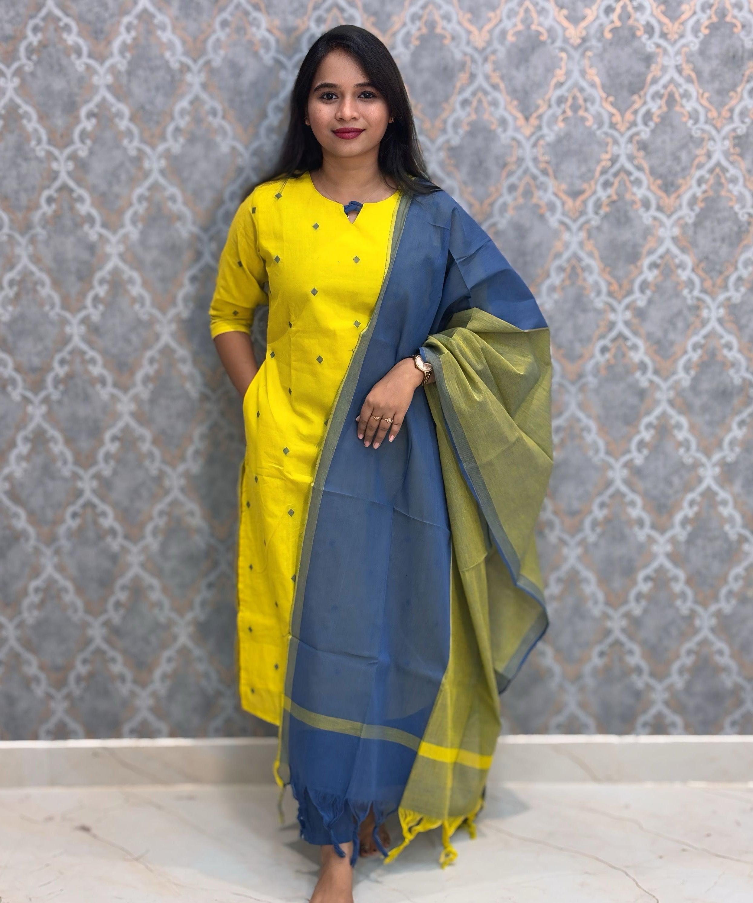 Lemon Yellow and Blue Color Premium Handloom Dobby Cotton 3 Piece Salwar Set with Pocket / LSS230