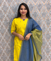 Lemon Yellow and Blue Color Premium Handloom Dobby Cotton 3 Piece Salwar Set with Pocket / LSS230