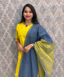 Lemon Yellow and Blue Color Premium Handloom Dobby Cotton 3 Piece Salwar Set with Pocket / LSS230