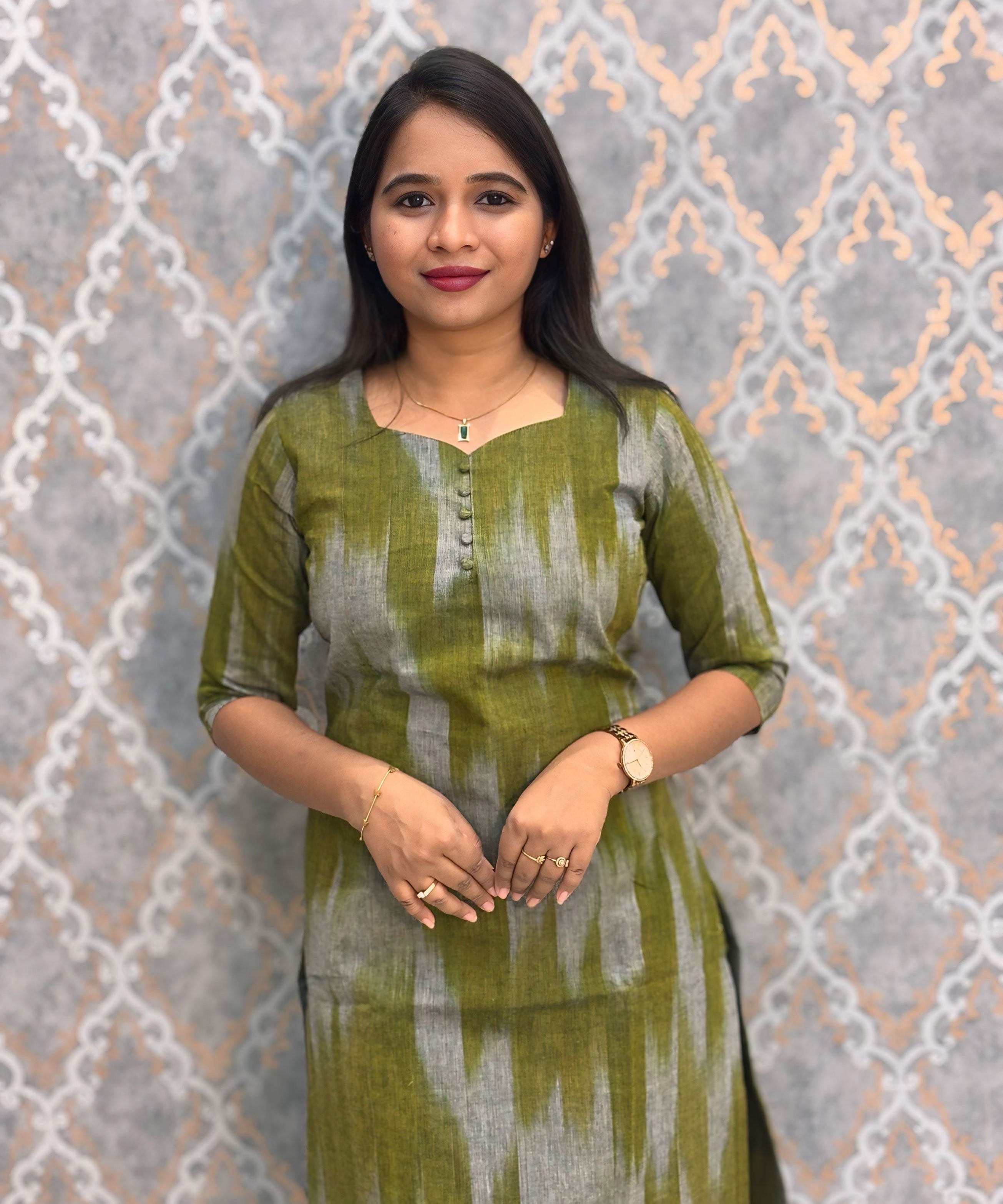 Green with Gray Color Premium Handloom Ikkat Cotton 3 Piece Salwar Set with Pocket / LSS231