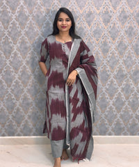 Maroon with Gray Color Premium Handloom Ikkat Cotton 3 Piece Salwar Set with Pocket / LSS231