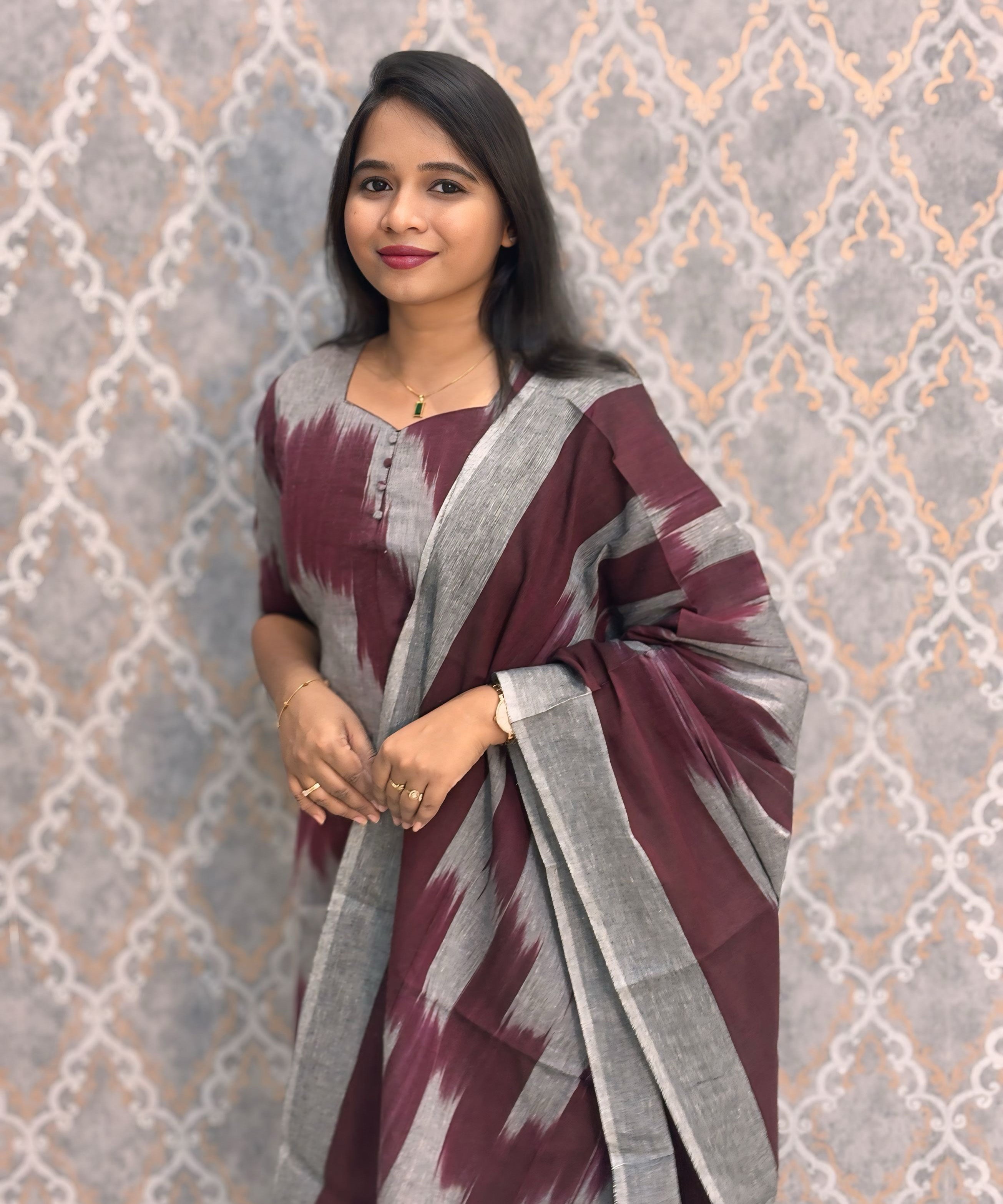 Maroon with Gray Color Premium Handloom Ikkat Cotton 3 Piece Salwar Set with Pocket / LSS231