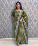 Green with Gray Color Premium Handloom Ikkat Cotton 3 Piece Salwar Set with Pocket / LSS231