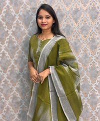 Green with Gray Color Premium Handloom Ikkat Cotton 3 Piece Salwar Set with Pocket / LSS231