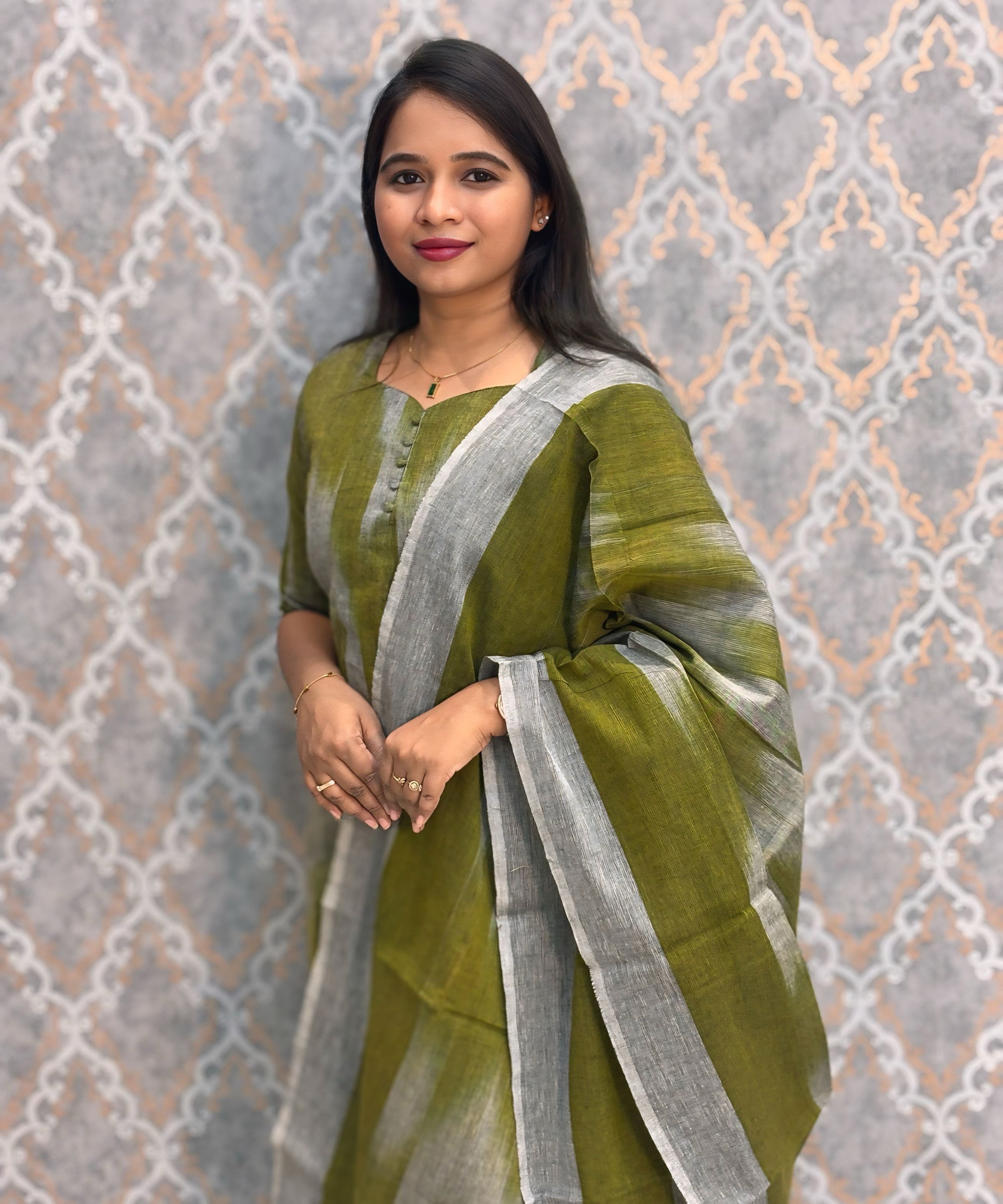 Green with Gray Color Premium Handloom Ikkat Cotton 3 Piece Salwar Set with Pocket / LSS231