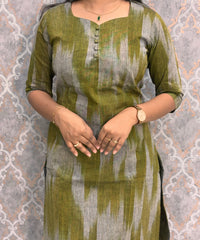 Green with Gray Color Premium Handloom Ikkat Cotton 3 Piece Salwar Set with Pocket / LSS231