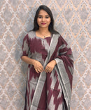 Maroon with Gray Color Premium Handloom Ikkat Cotton 3 Piece Salwar Set with Pocket / LSS231