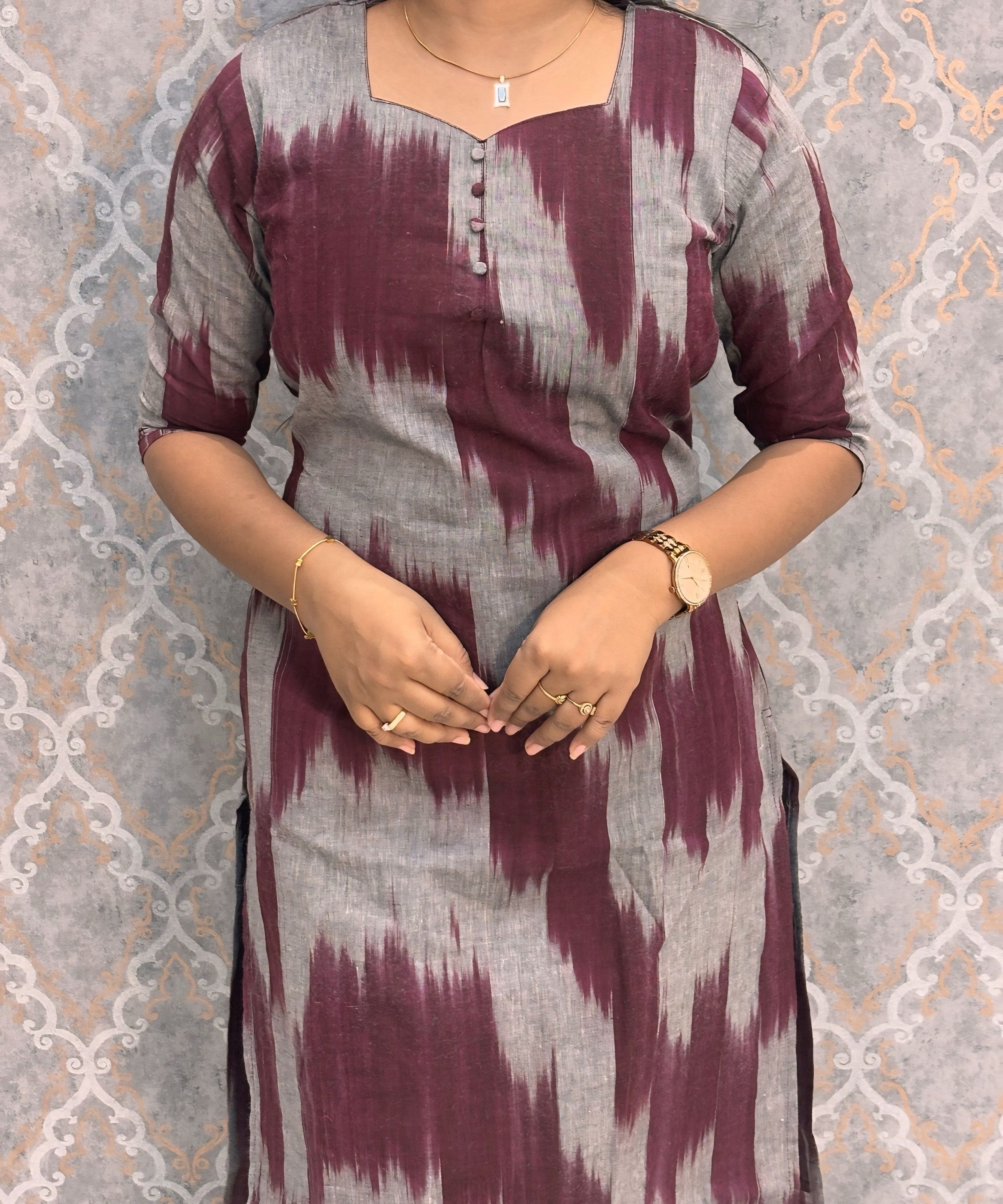 Maroon with Gray Color Premium Handloom Ikkat Cotton 3 Piece Salwar Set with Pocket / LSS231